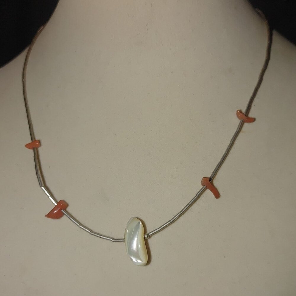Vintage Fetish Necklace Natural Shell Mother Pearl Orange Coral Silver 925 Chain